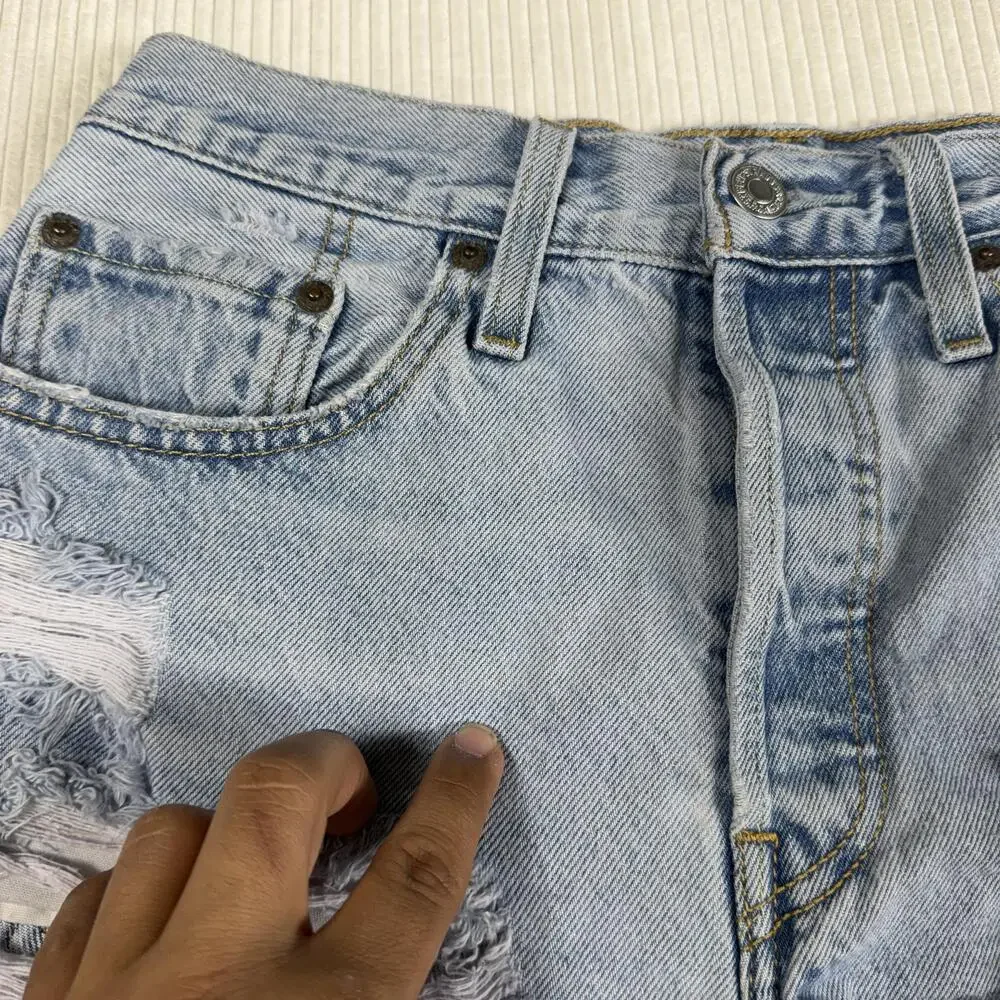 Levi's 501 Shorts Womens W27 Blue Denim Distressed Cutoff Button Fly Raw Hem